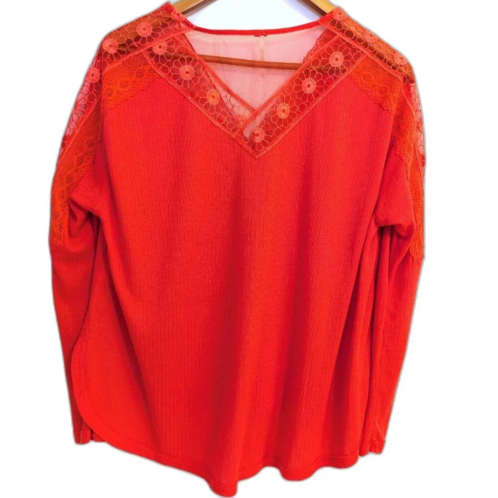Free People | Oversized Lola Lace Long Sleeve Top in Rose Crimson | Size XS